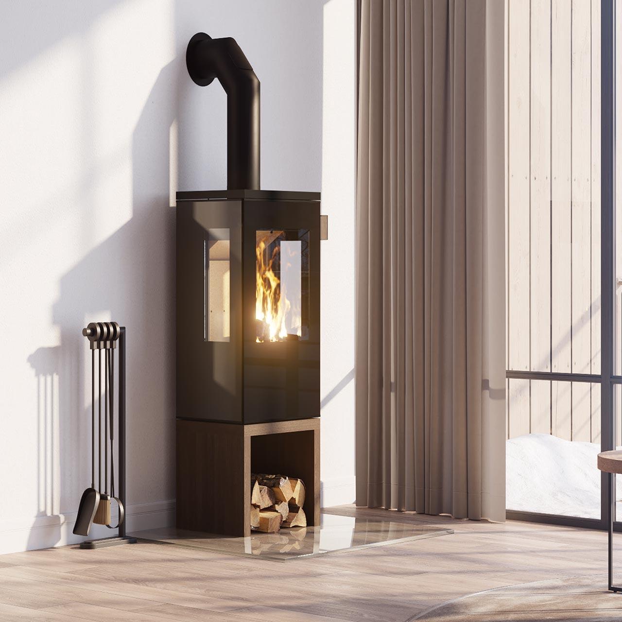 Kaminofen Cera Design Galileo Glas mit 5,5 kW - Sockel: Holz schwarz, vorn offen