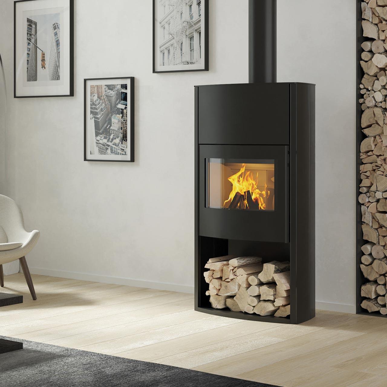 Kaminofen Cera Design Genius mit 7 kW - Verkleidung: Stahl Schwarz - Holzfach: offen