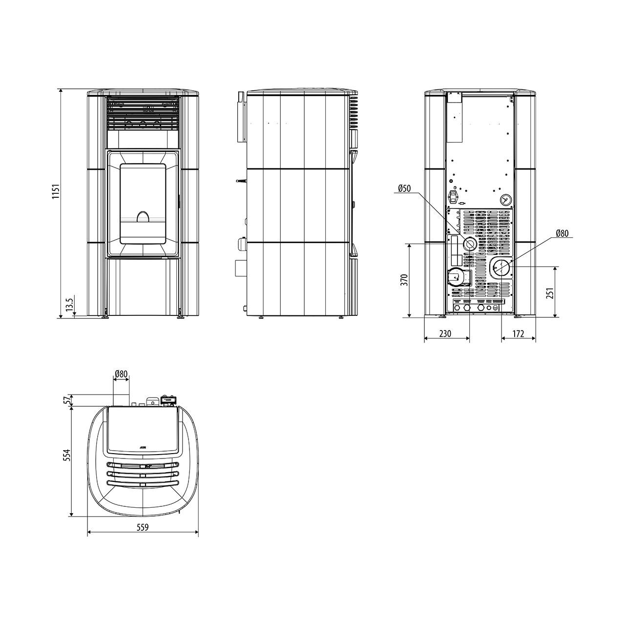 Pelletofen wasserführend MCZ Club Hydro Matic 24 R 24,2 kW - Ausführung: Top Keramik Schwarz, Seiten Stahl Weiß