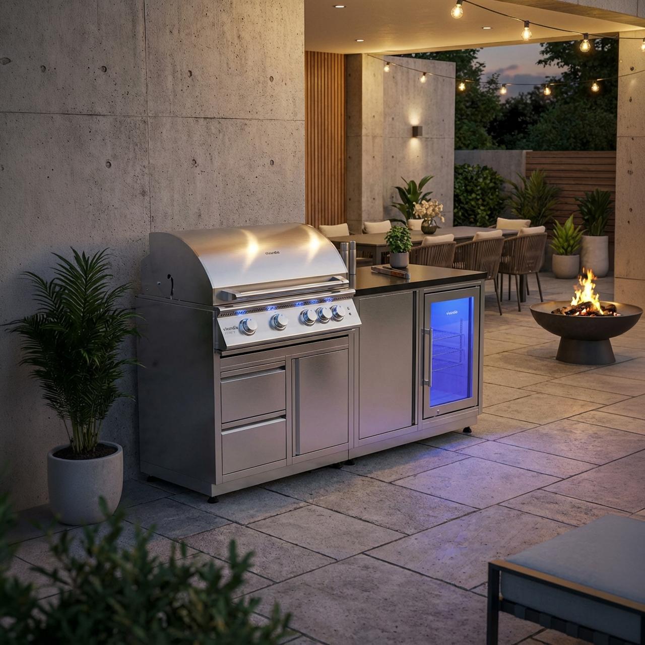 Outdoorküche vivandio quub / Mobile Outdoorküche mit Grill und Kühlschrank - Ausführung: silber - Mobilität: mit Stellfüßen