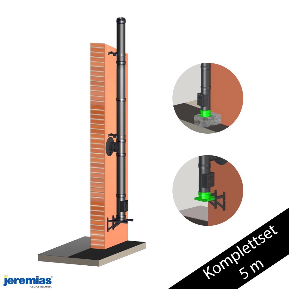 5 m Edelstahlschornstein Bausatz doppelwandig Jeremias DW-BLACK Ø 130 mm - Montage: Wand - Wandabstand: 50 mm