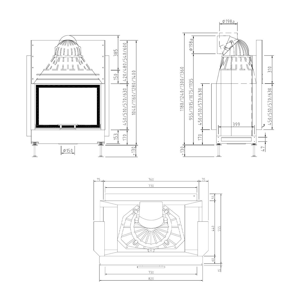 Tunnel-Kamineinsatz Schmid Lina TV 73 h/s mit 9 kW - Türhöhe: 51 cm - Brennraumauskleidung: Schamotte Anthrazit - modulares Blendrahmensystem: ja