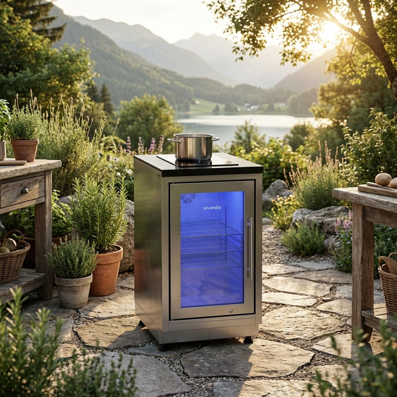 Outdoorküche vivandio quub / Mobile Outdoorküche mit Grill, Kühlschrank & Kochfeld - Ausführung: silber - Mobilität: mit Stellfüßen