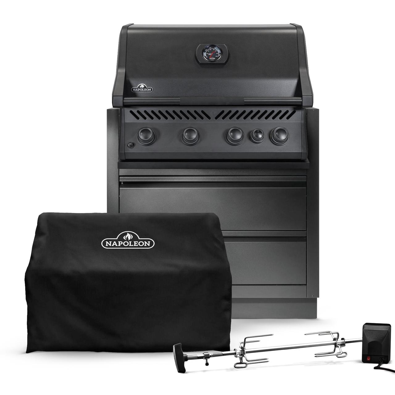 Napoleon Einbau Gasgrill 300 Series 32 Zoll Mattschwarz inkl. Oasis Untergestell, Abdeckhaube & Drehspieß