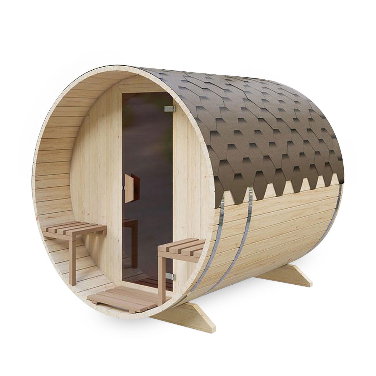 Gartensauna AA Kaminwelt S2V Saunafass 2,4 m mit Sitzen außen - Ausführung: Ø 2m mit Elektroofen 6 kW - Holz: Fichte