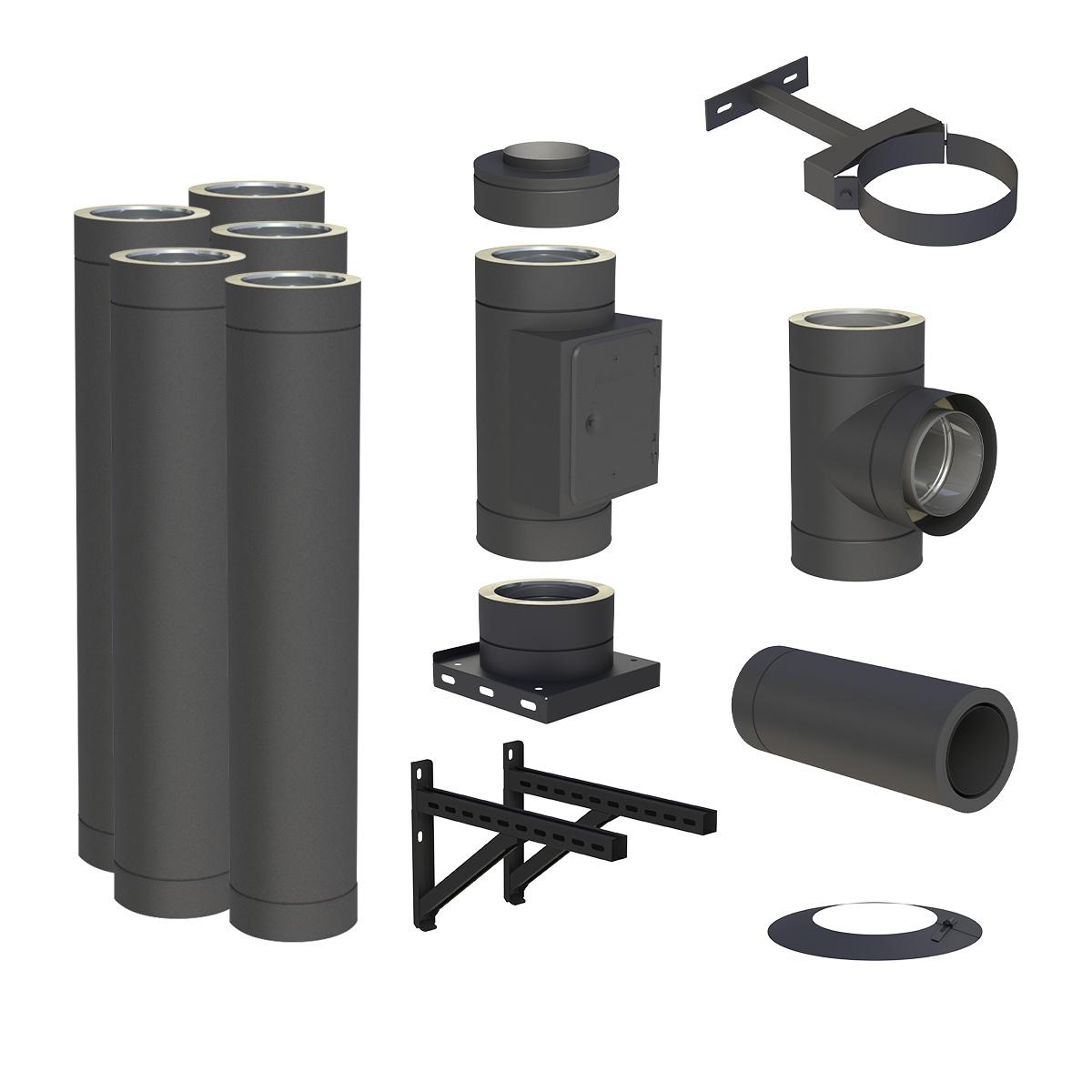 10 m Edelstahlschornstein Bausatz doppelwandig Jeremias DW-BLACK Ø 150 mm - Montage: Wand - Wandabstand: 50-250 mm