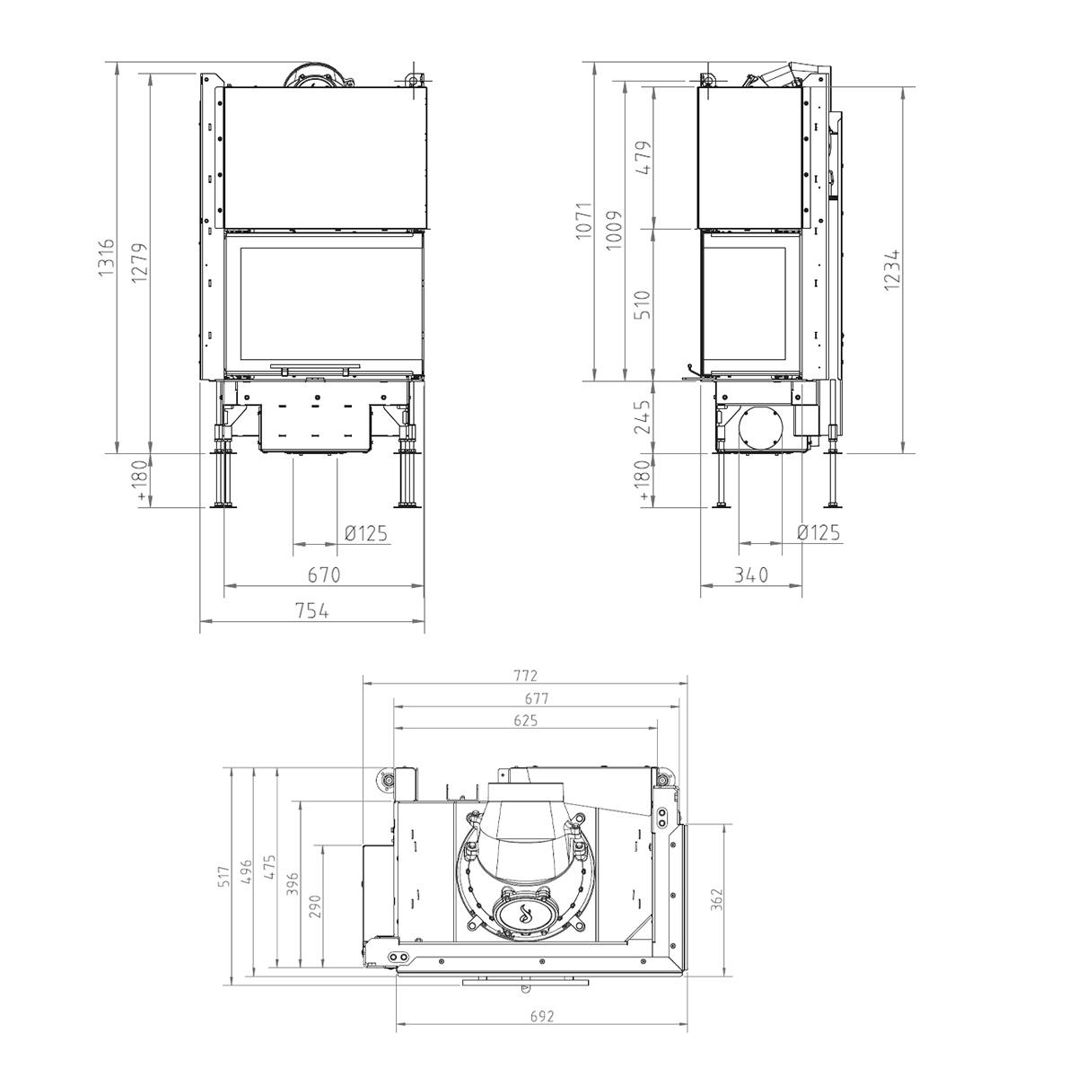 Eck-Kamineinsatz Schmid Ekko R 67(45) h evo mit 9 kW - Türhöhe: 51 cm - Brennraumauskleidung: Schamotte Weiß - modulares Blendrahmensystem: nein