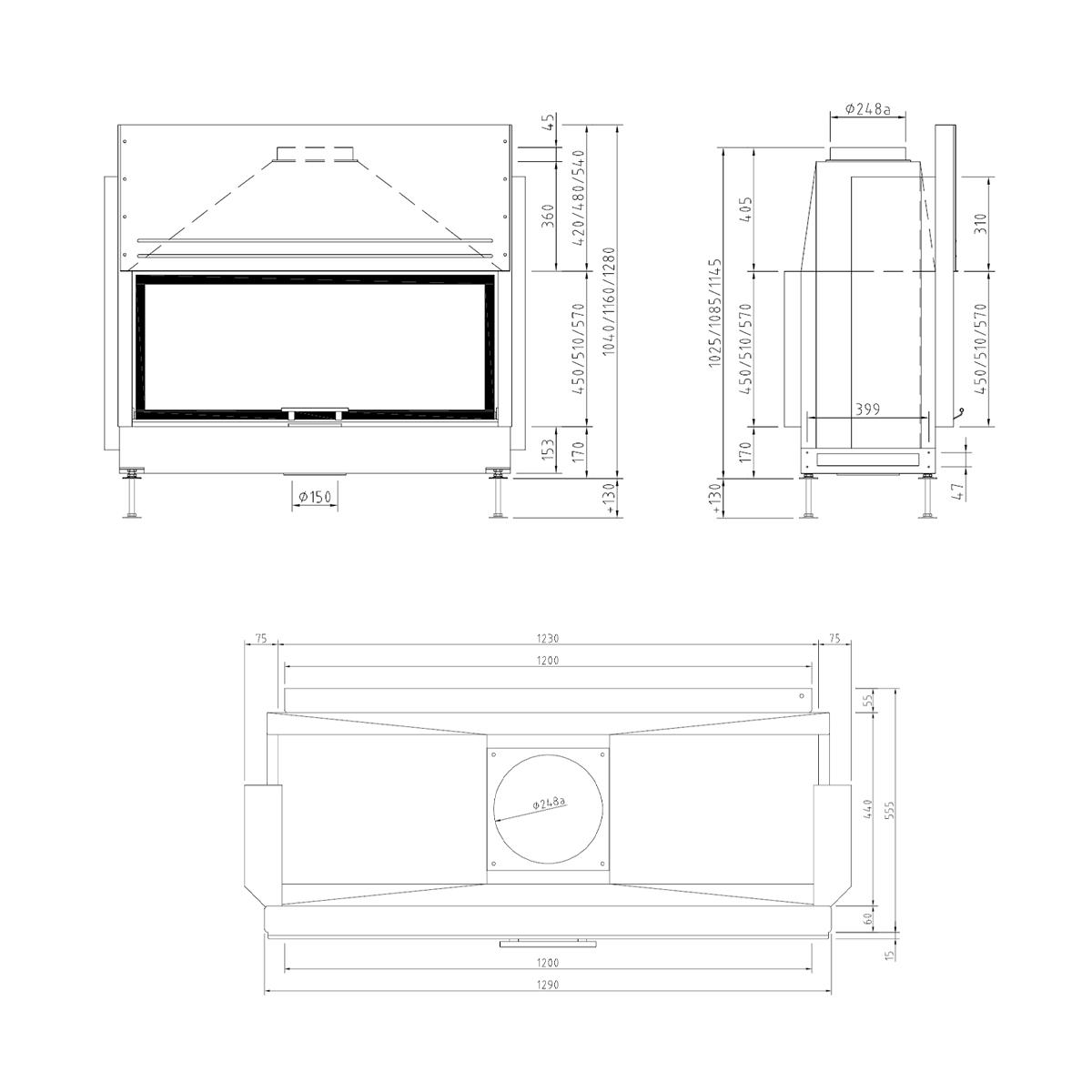 Tunnel-Kamineinsatz Schmid Lina TV 120 h/s mit 10 kW - Türhöhe: 51 cm - Brennraumauskleidung: Schamotte Anthrazit - modulares Blendrahmensystem: ja