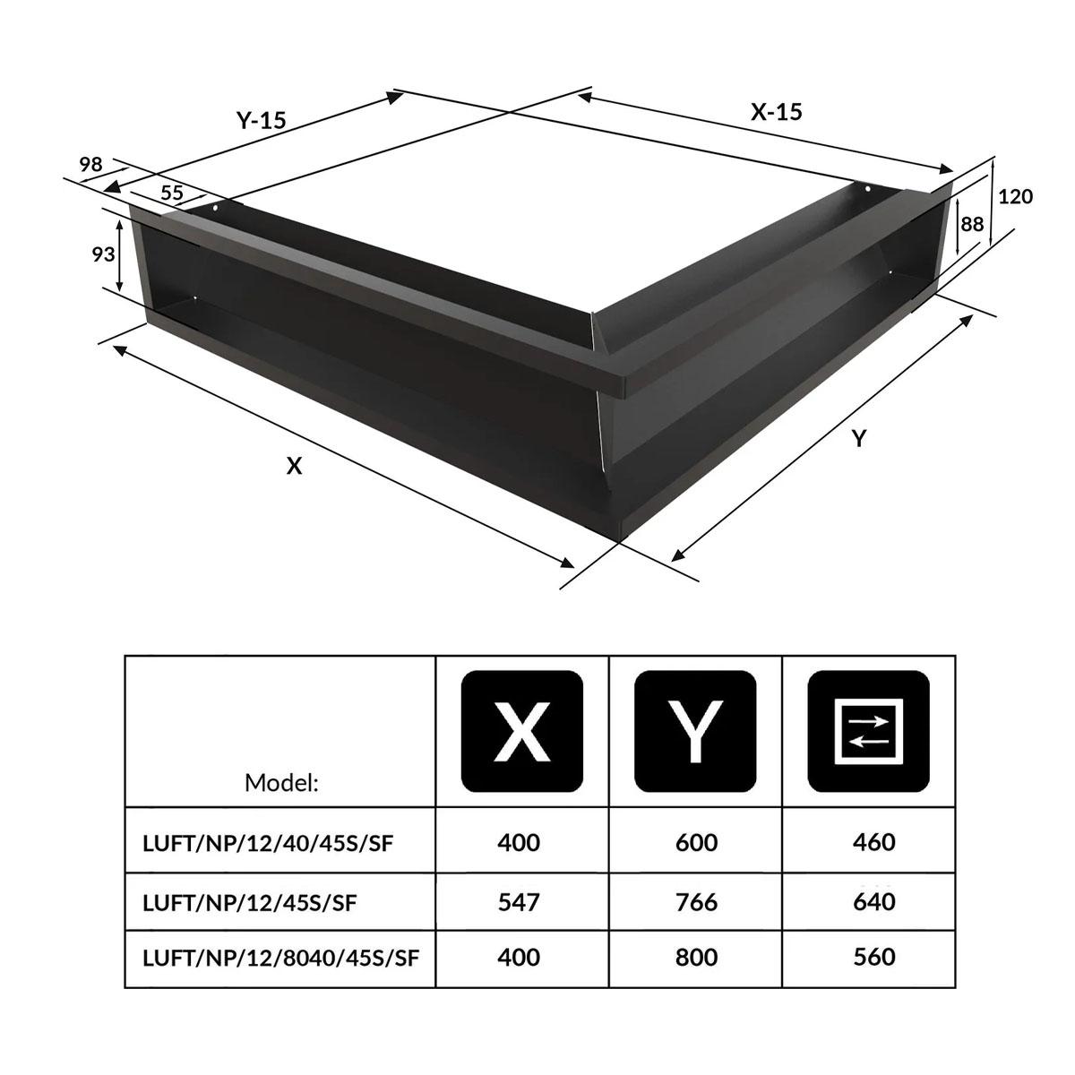 Kratki Eck-Luftleiste rechts - Größe: 40 x 60 x 12 cm - Farbe: schwarz - Ausführung: slim (geringere Einbautiefe)