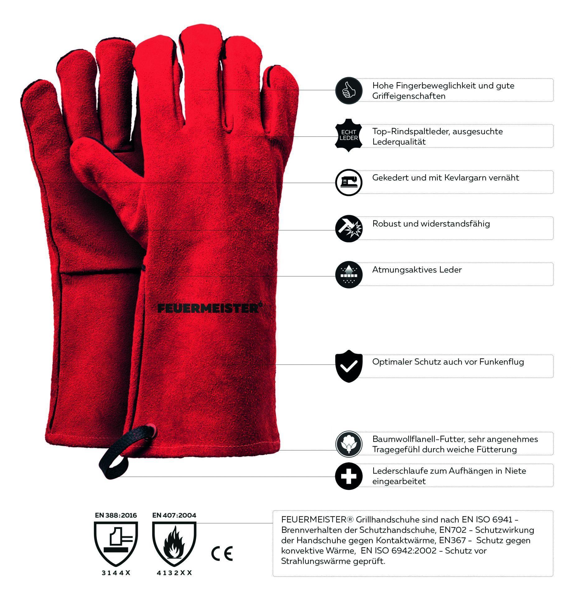 Feuermeister Premium BBQ Grillhandschuhe aus Spaltleder in Rot - Ausführung: Gr. L/XL (10)