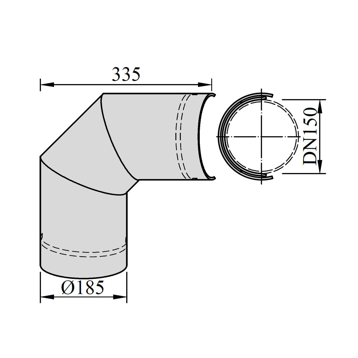 Ofenrohr Bogen Hitzeschutz seitlich DN 150 mm 90° Schwarz