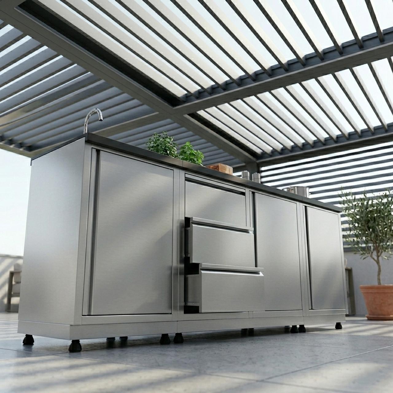 Outdoorküche vivandio quub / Outdoor Kochstation mit Induktionskochfeld & Spüle - Ausführung: silber - Mobilität: mit Stellfüßen