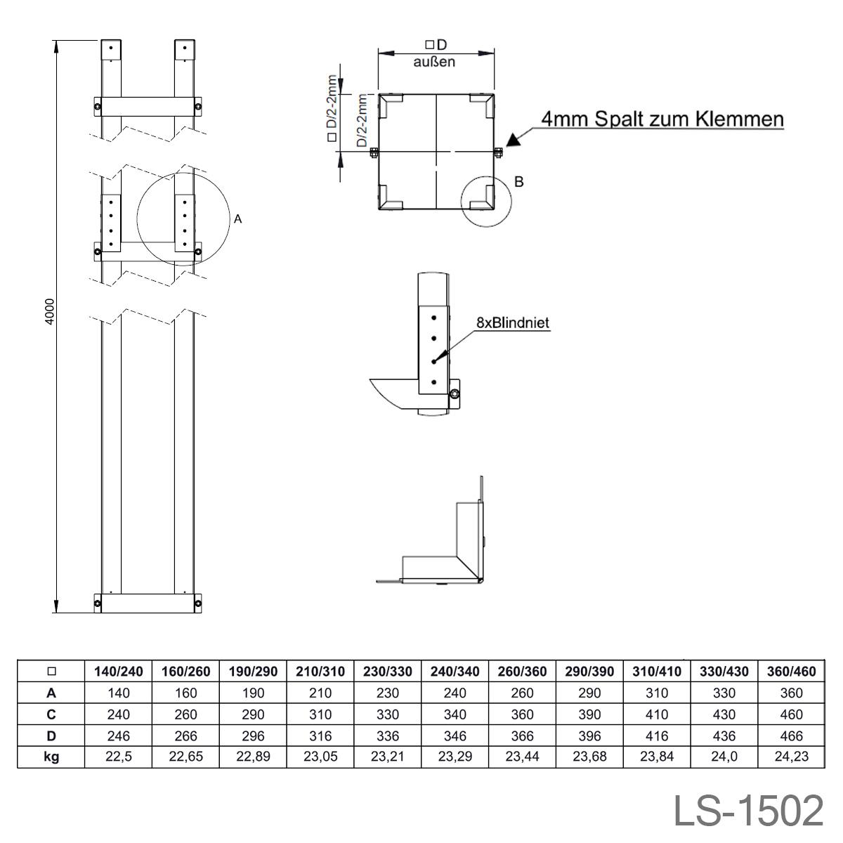Jeremias Furado-F Statikset für Schacht - Schachtmaß innen: 140x140mm - Höhe: 4m (mit 5 Bügeln)
