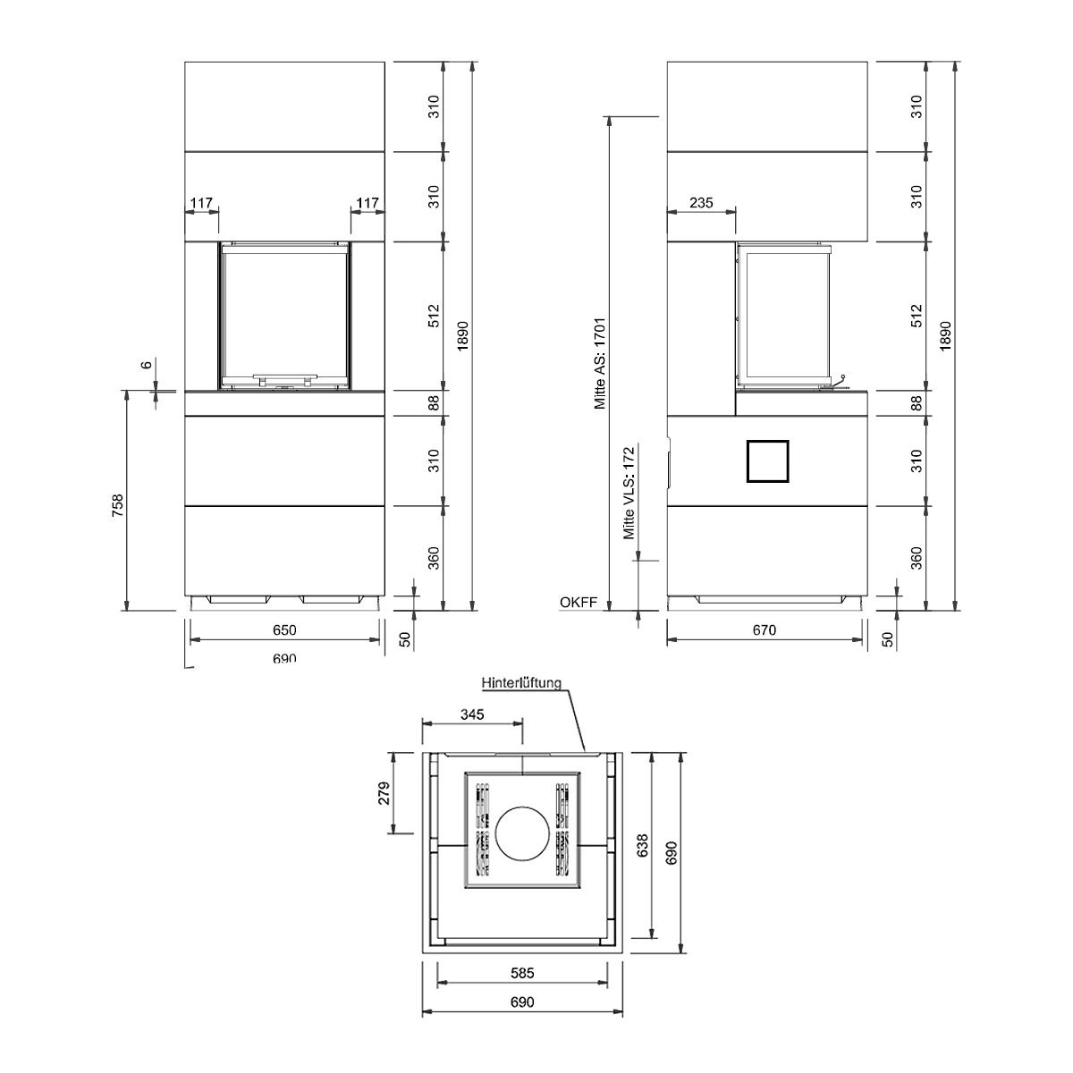 Kaminbausatz Camina S12 mit 4 kW - Ausführung Kaminbausatz: kurz mit 2. Unterbauteil (Höhe 310 mm) - Feuerraumauskleidung: Schamotte weiß