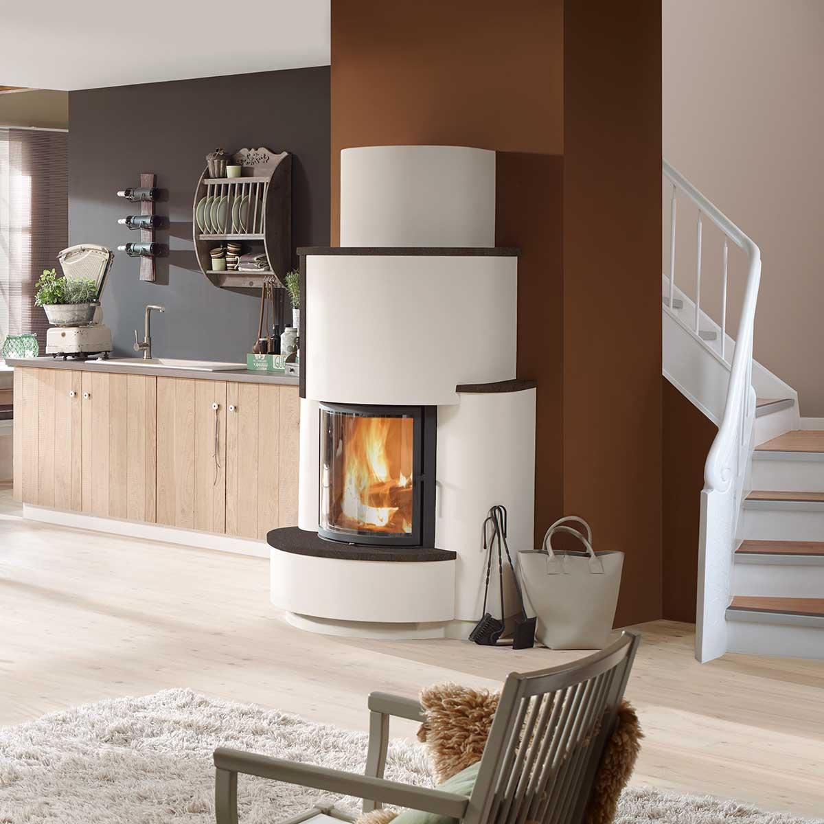 Kaminbausatz Camina S5 Eck mit 7 kW - Naturstein: Mocca creme - Türausführung: schwenkbar, Türanschlag rechts - Feuerraumauskleidung: Schamotte beige