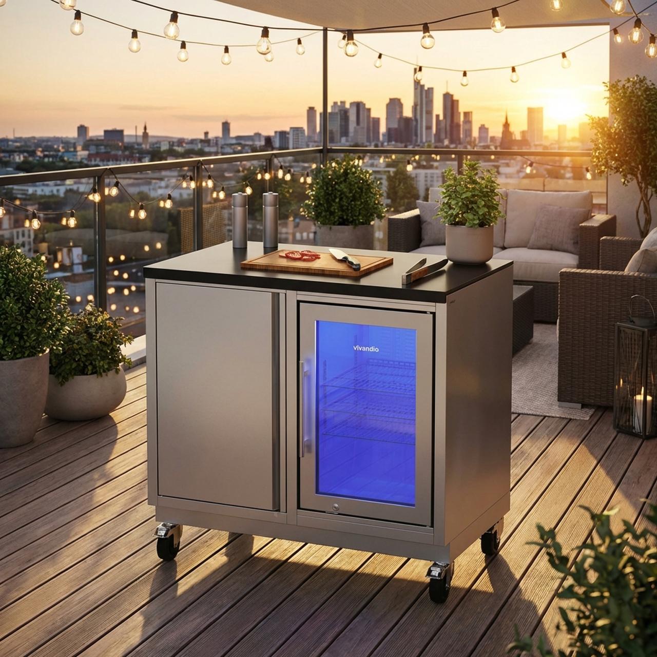 Outdoorküche vivandio quub / Mobile Outdoorküche mit Grill und Kühlschrank - Ausführung: silber - Mobilität: mit Stellfüßen
