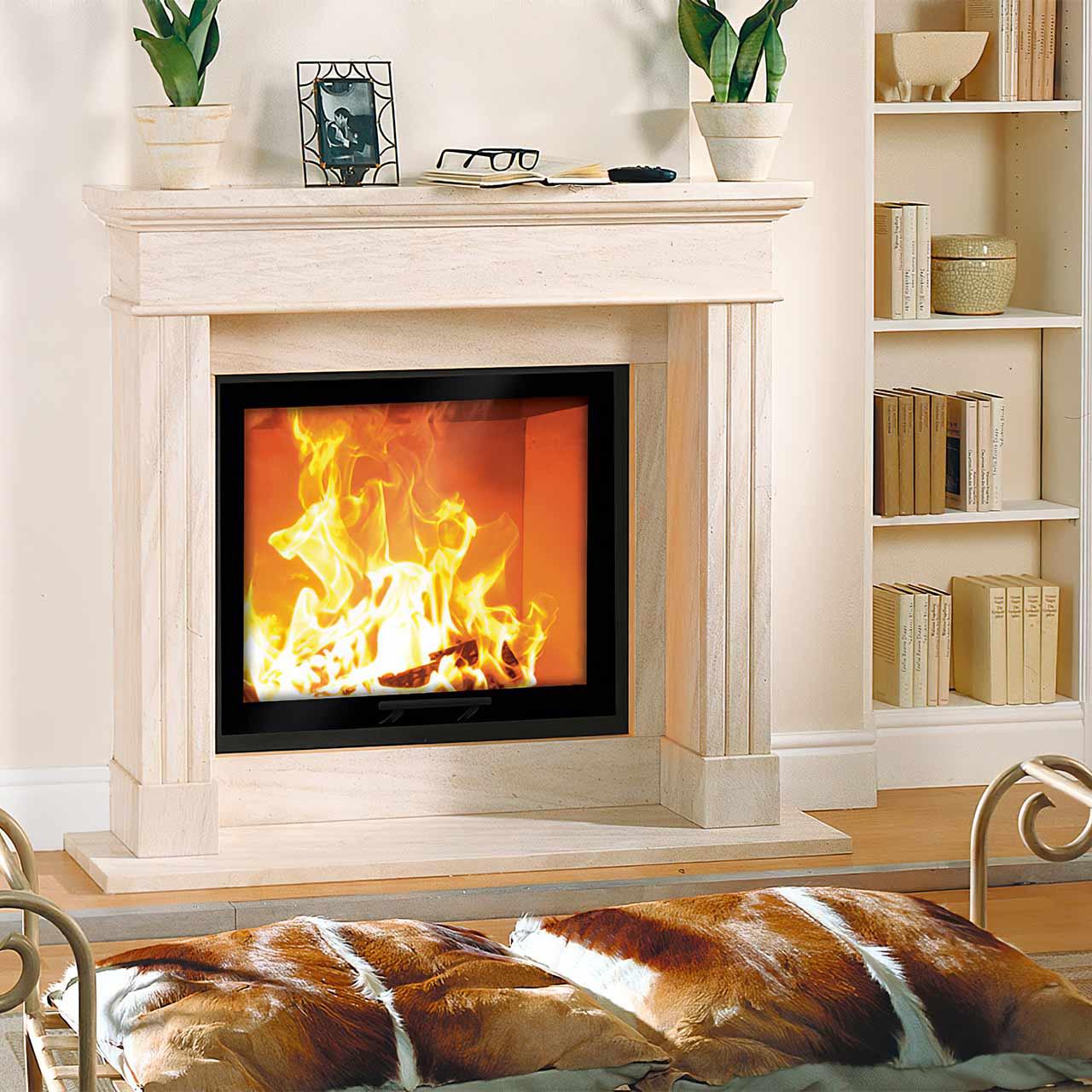 Kaminbausatz Camina N12 mit 9 kW - Naturstein: Travertino Romano - Feuerraumauskleidung: Schamotte weiß