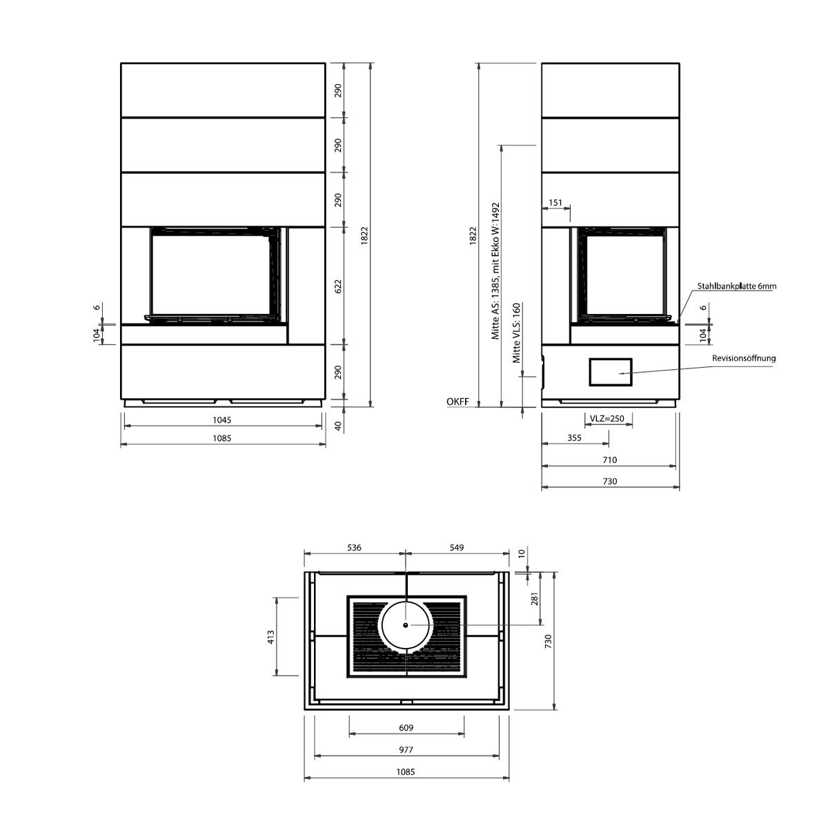 Kaminbausatz wasserführend Camina S10 mit 14,9 kW - Eckscheibe: links - Ausführung Kaminbausatz: Beton natur - Türausführung: schwenkbar - Feuerraumauskleidung: Schamotte weiß