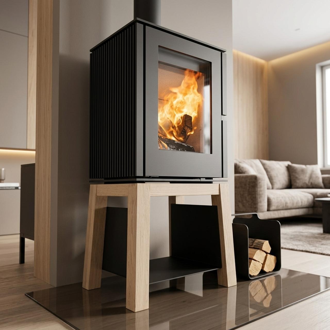 Kaminofen Trimline Woody Loft 6,4 kW - Untergestell: Holzsockel