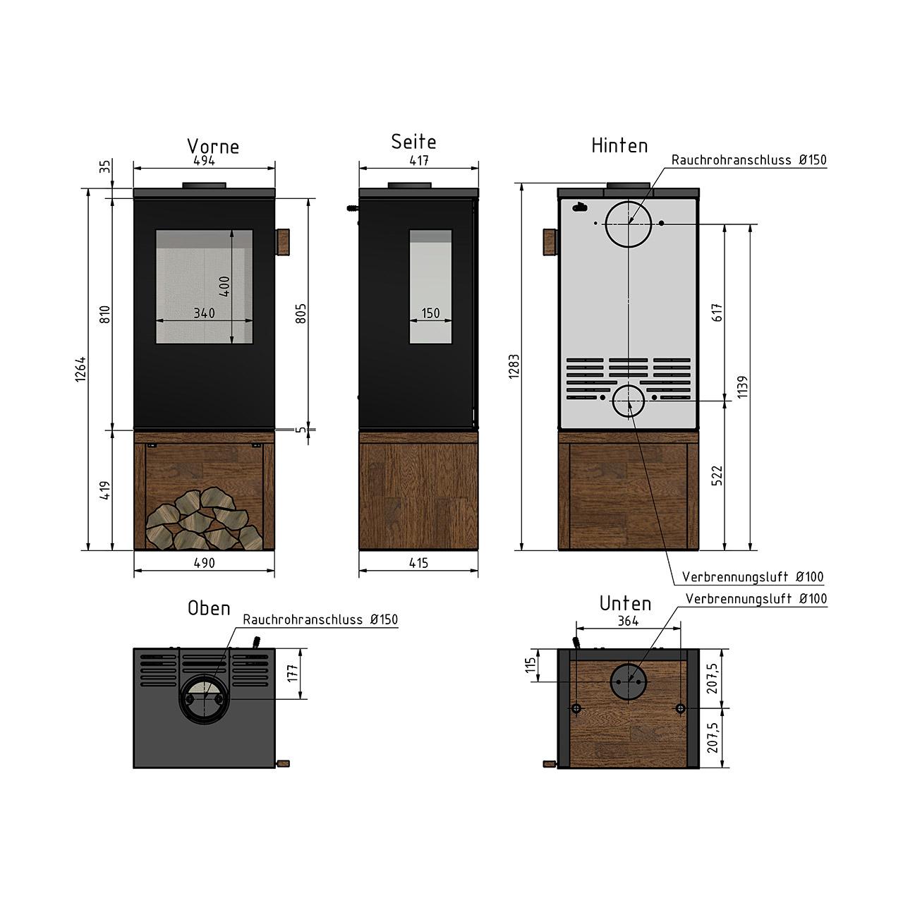 Kaminofen Cera Design Galileo Glas mit 5,5 kW - Sockel: Holz schwarz, vorn offen