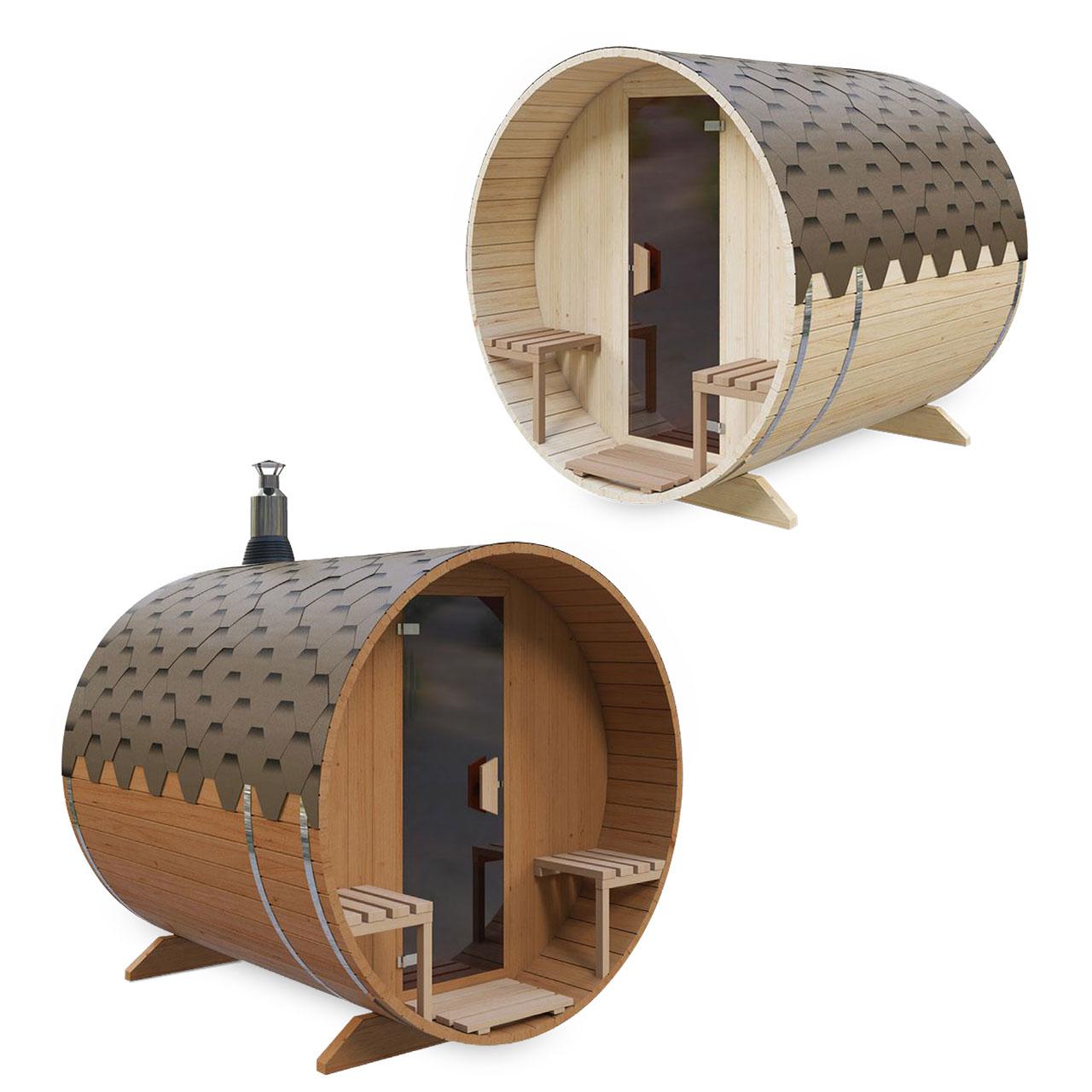 Gartensauna AA Kaminwelt S2V Saunafass 2,4 m mit Sitzen außen - Ausführung: Ø 2m mit Elektroofen 6 kW - Holz: Fichte