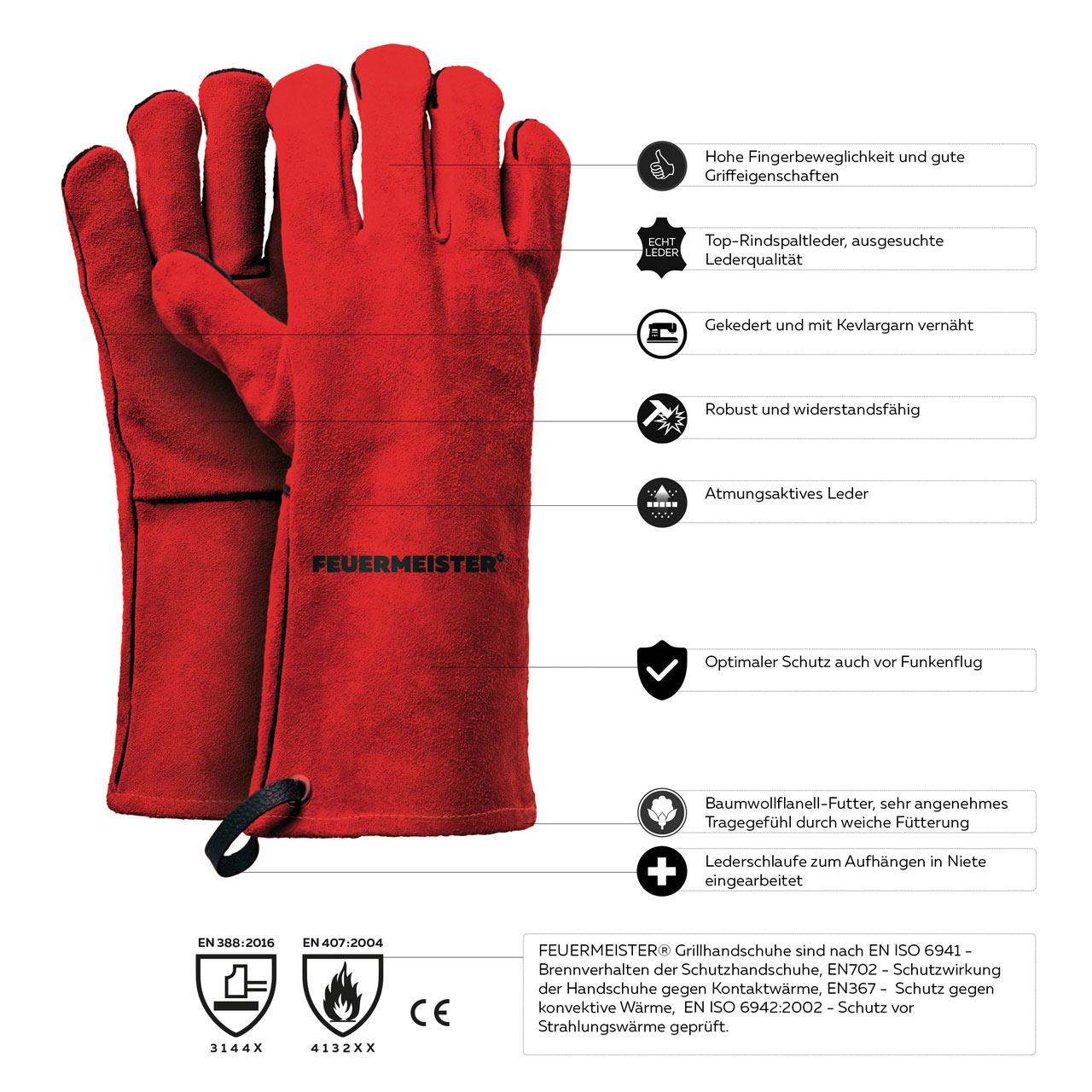 Feuermeister Premium BBQ Grillhandschuhe aus Spaltleder in Rot - Ausführung: Gr. L/XL (10)