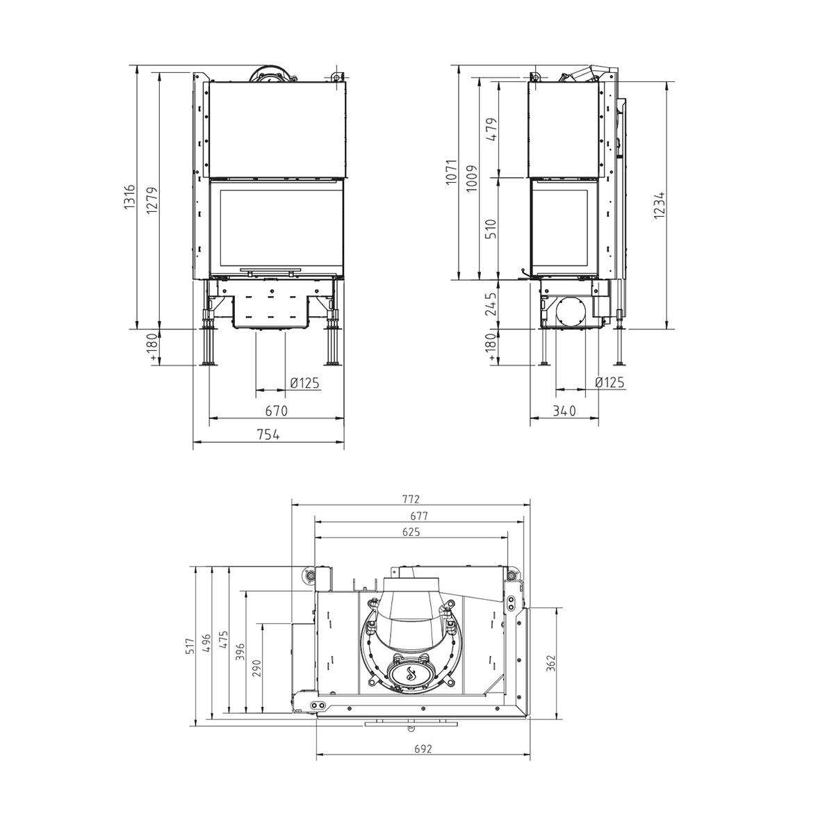 Eck-Kamineinsatz Schmid Ekko R 67(34) h evo mit 7,5 kW - Türhöhe: 51 cm - Brennraumauskleidung: Schamotte Weiß - modulares Blendrahmensystem: nein