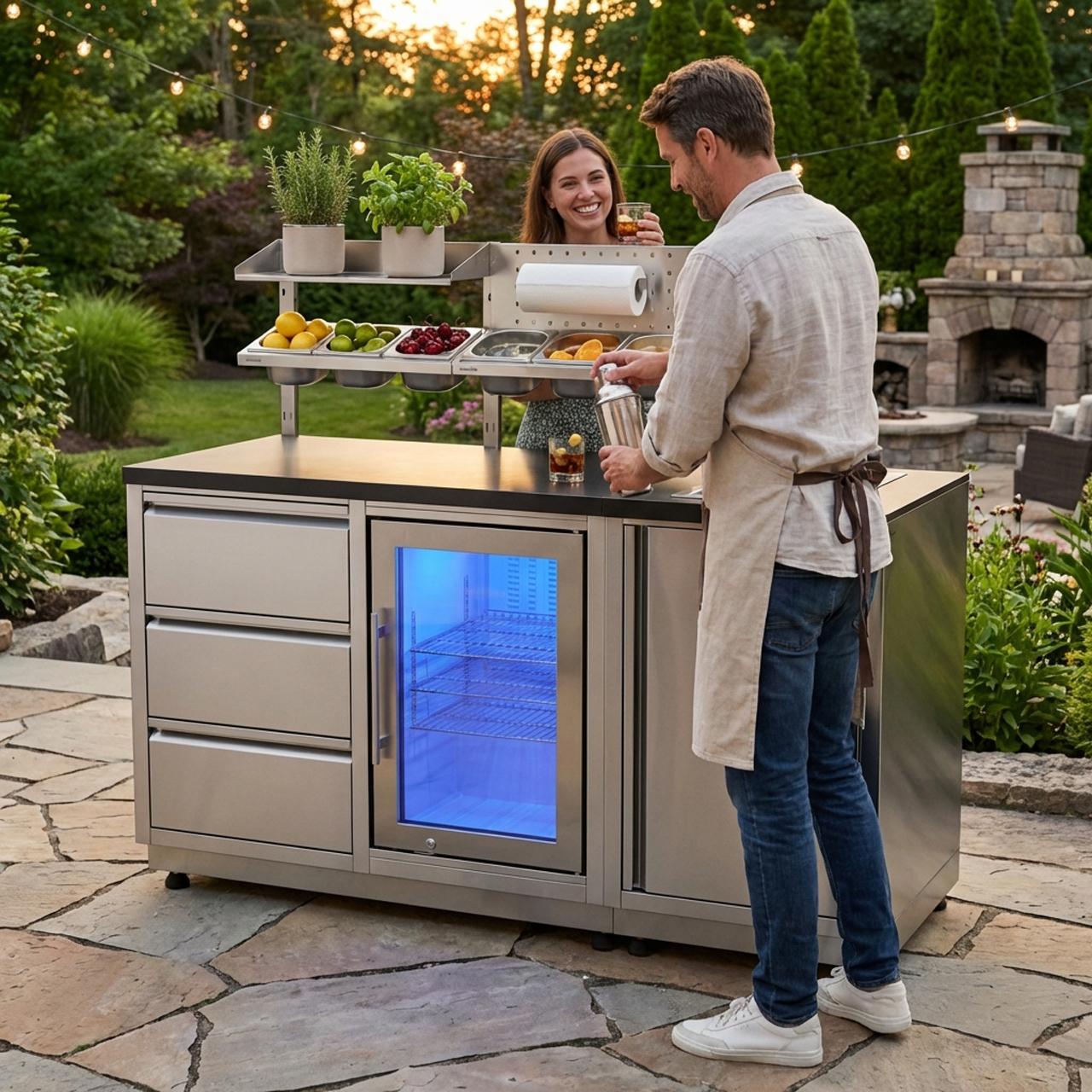 Outdoorküche vivandio quub / Outdoor Cocktailstation mit Kühlschrank und Spüle - Ausführung: silber - Mobilität: mit Lenkrollen