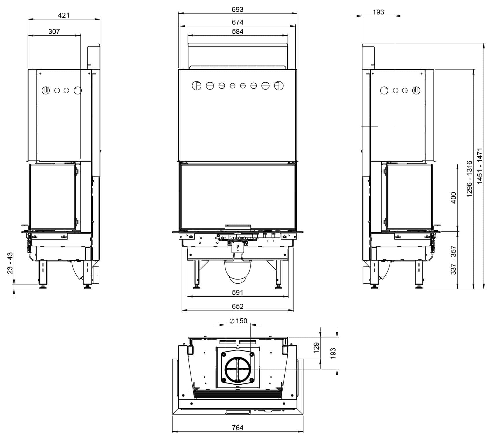 Kamineinsatz Nordpeis Q-34UL 8 kW - Feuerraumauskleidung: Thermotte Hell