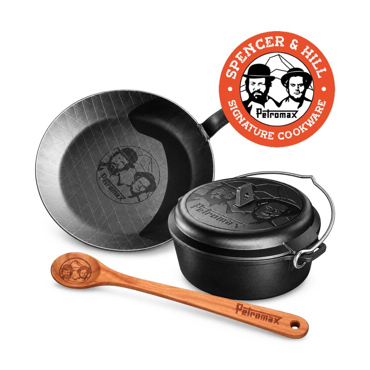 Petromax Bud Spencer & Terence Hill Kochset inkl. Dutch Oven ft3, Schmiedeeiserne Pfanne sp28 & Holzkochlöffel