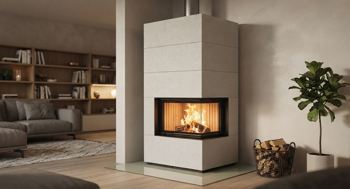 Kaminbausatz Brunner wasserführend BSK 02.1 Kamin-Kessel Eck 45/67/44 rechts, Schiebetür 12 kW