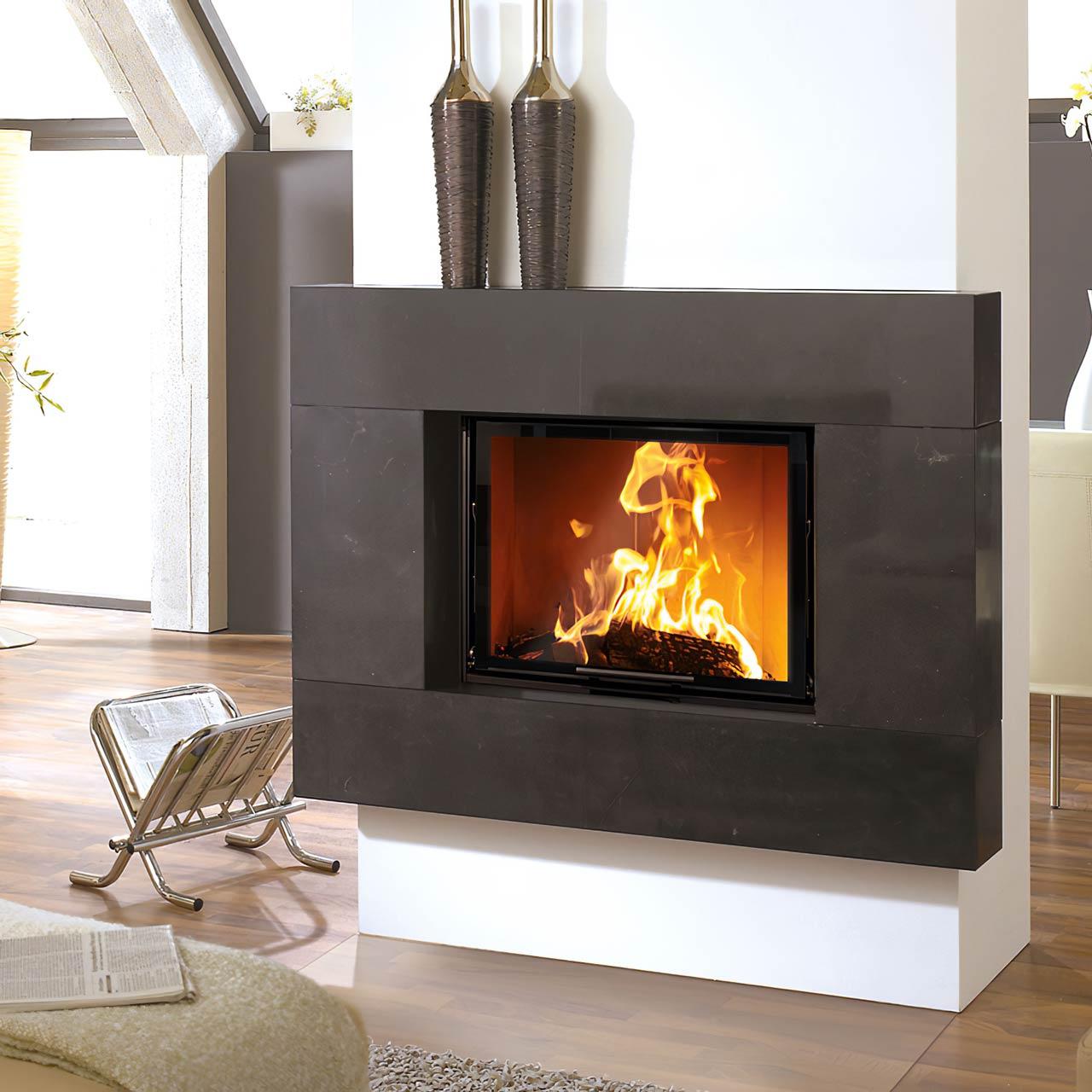 Kaminbausatz Camina N8 mit 9 kW - Naturstein: Travertino Romano - Feuerraumauskleidung: Schamotte weiß