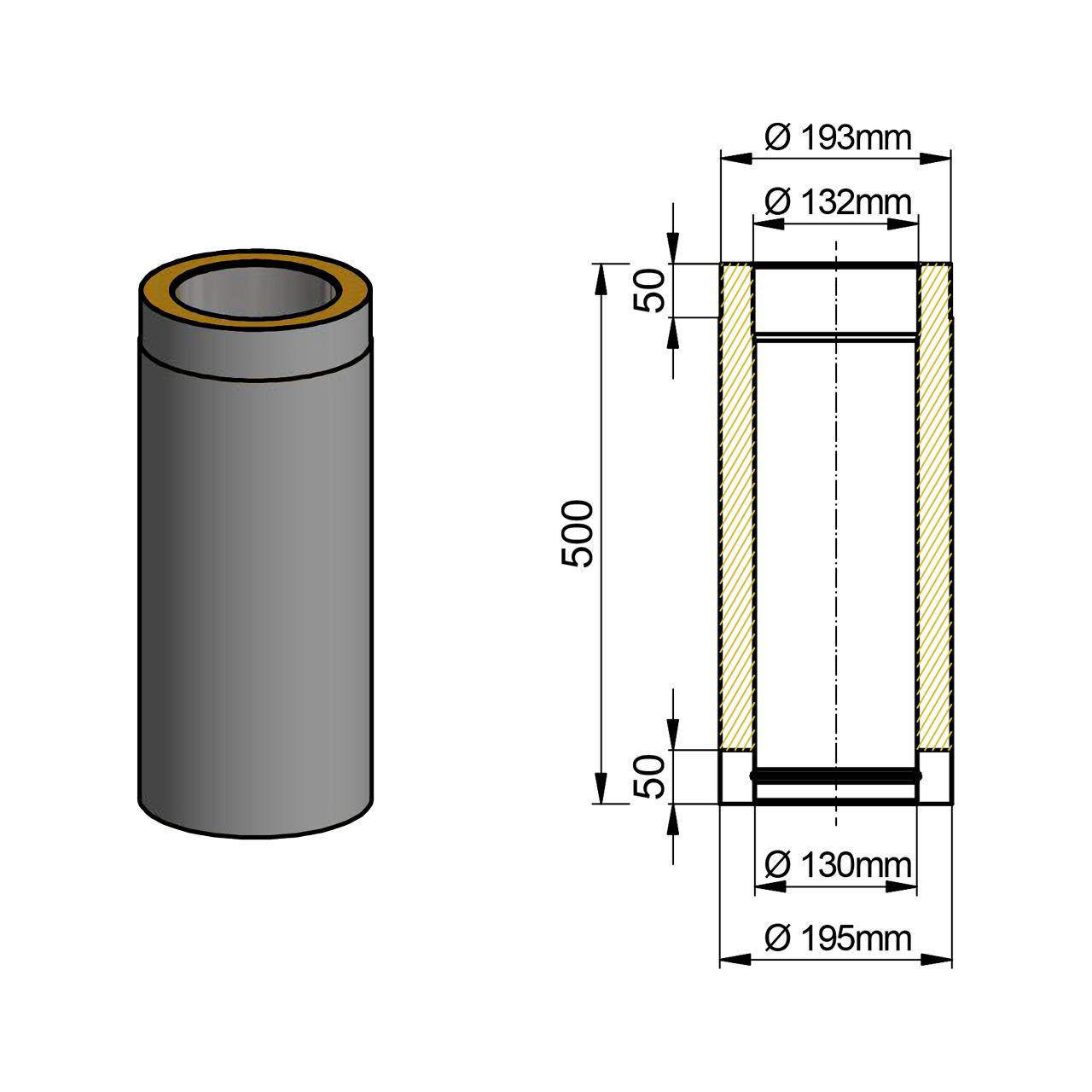 Doppelwandiges Ofenrohr DN 130 mm Länge 500 mm Schwarz