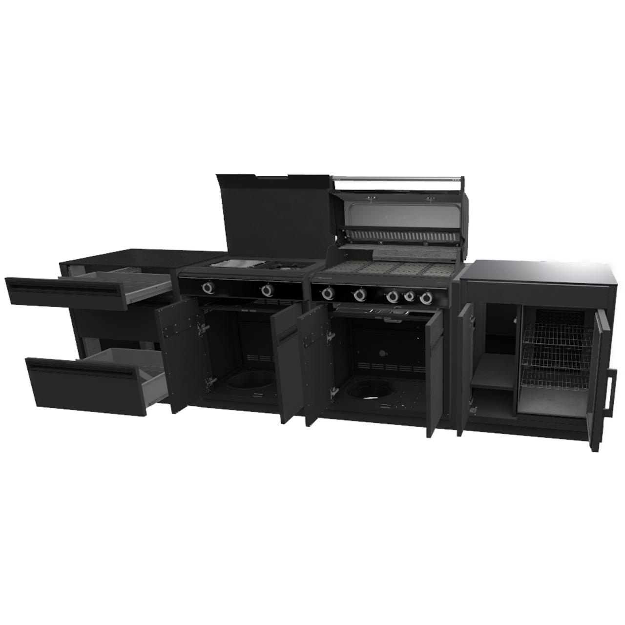 Outdoorchef Heat Outdoorküche X-415 mit X-245, Kühlschrank und Schubladenschrank inkl. Arbeitsplatte aus Granit und Sockelblende