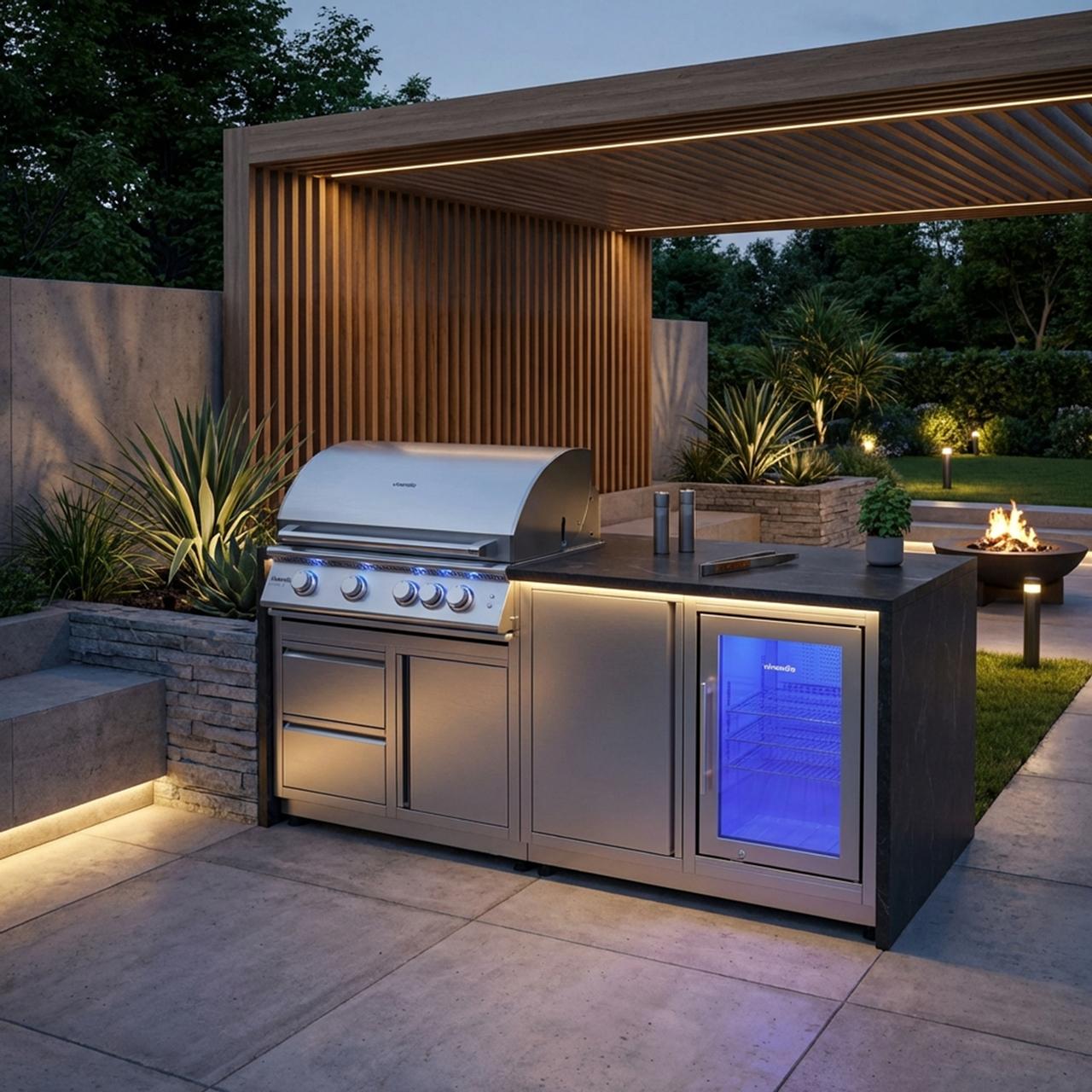 Outdoorküche vivandio quub / Mobile Outdoorküche mit Grill und Kühlschrank - Ausführung: silber - Mobilität: mit Stellfüßen