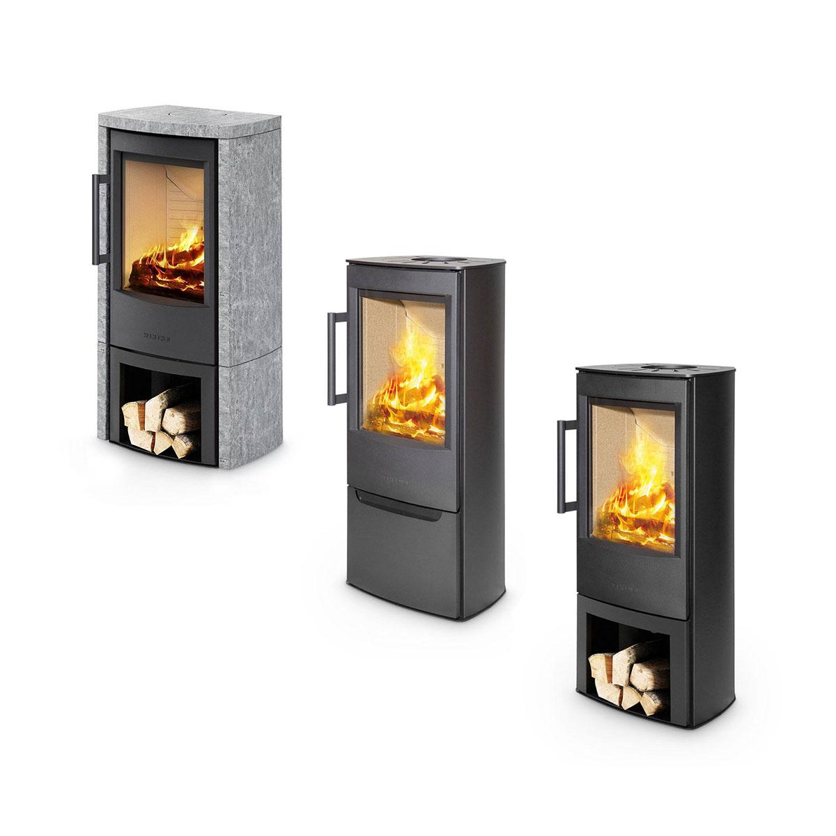 Kaminofen Wiking Miro 4 mit 4,9 kW - Holzfach: mit Tür - Verkleidung: Naturstein grau - Korpus: Grau - Rauchabgang: Hinten