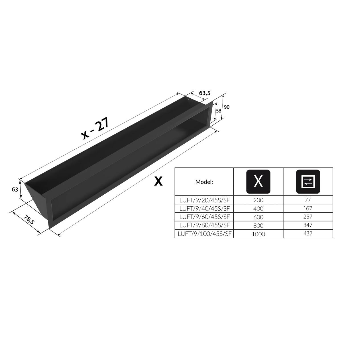 Kratki Luftleiste - Größe: 9 x 60 cm - Farbe: schwarz - Ausführung: slim (geringere Einbautiefe)