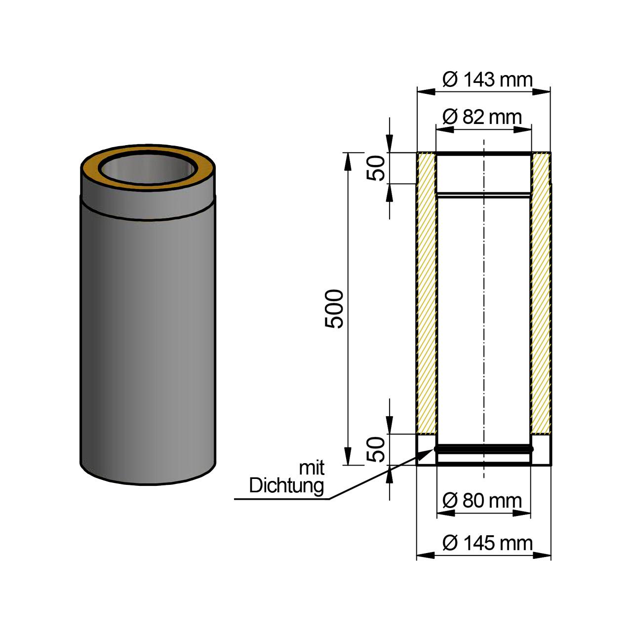 Doppelwandiges Pelletofenrohr DN 80 mm Länge 500 mm Schwarz