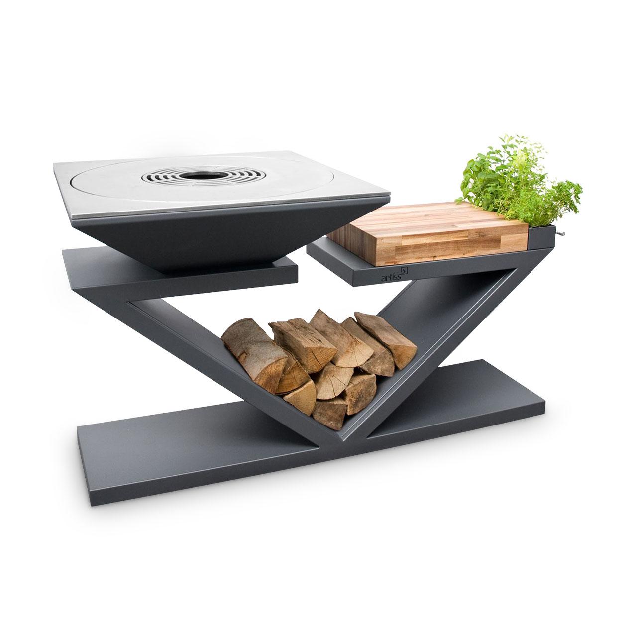 Feuerplatte Artiss G5 Graphit Plancha Grill und Feuerschale - Arbeitsfläche: Holz