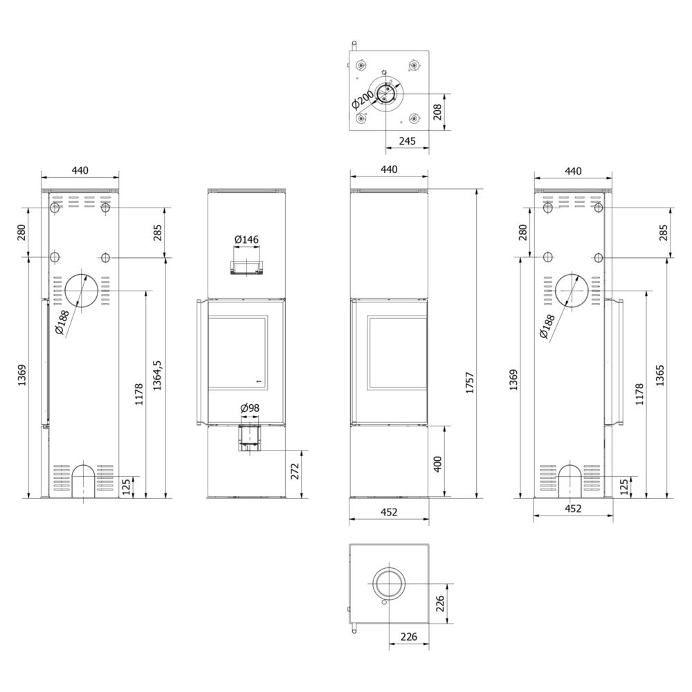 Kaminofen Kratki REN 7 kW  Größe L - Ausführung: Feuerraumauskleidung Weiß - Version: Ecke rechts - Selbstschließung: ohne Türfeder