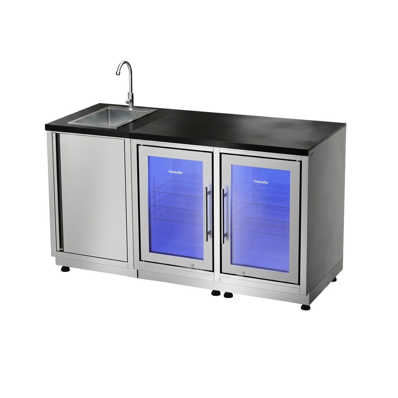 Outdoorküche vivandio quub / Outdoor Aperitivo-Station mit Doppelkühlschrank und Spüle - Ausführung: silber - Mobilität: mit Stellfüßen