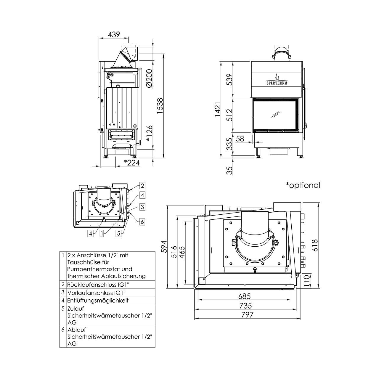 Kamineinsatz wasserführend Spartherm Varia 2Lh H2O 10,4 kW - Feuerraumauskleidung: weiß