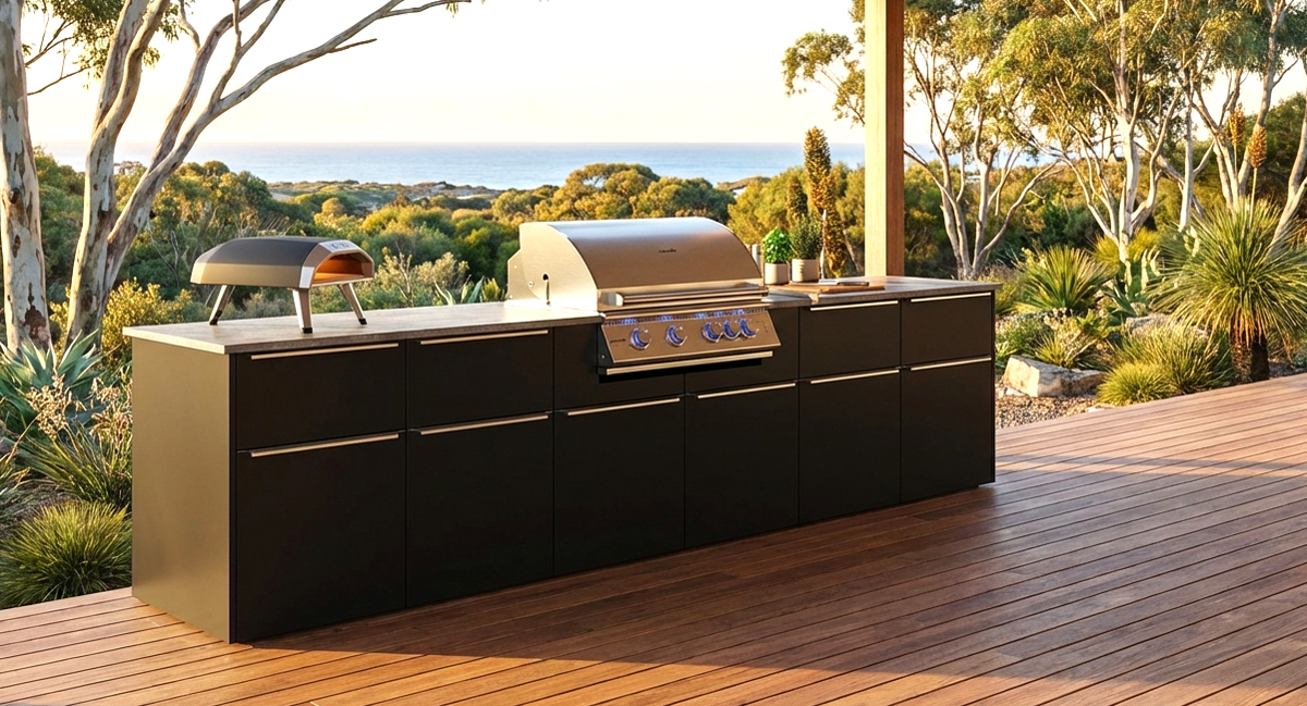 Das Bild dient lediglich der Veranschaulichung und zeigt eine Beispielkonfiguration der vivandio elements Outdoorküche Perth