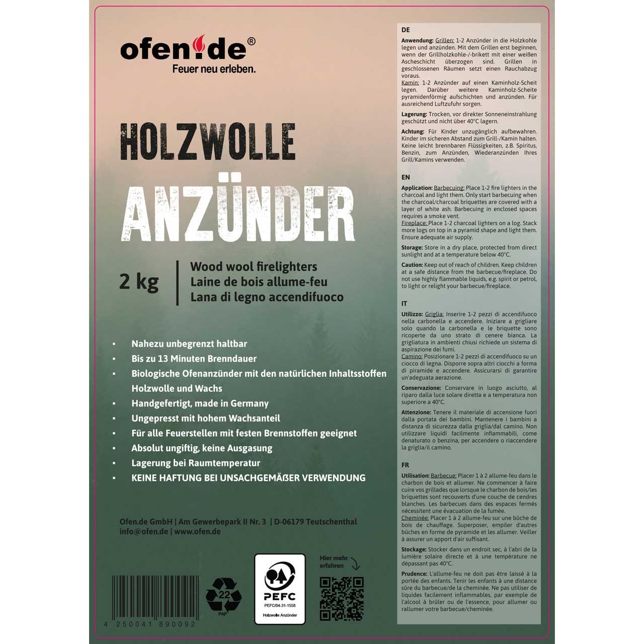 Öko Holzwolle Kaminanzünder 2 kg, BIO Grill Ofen-Anzünder