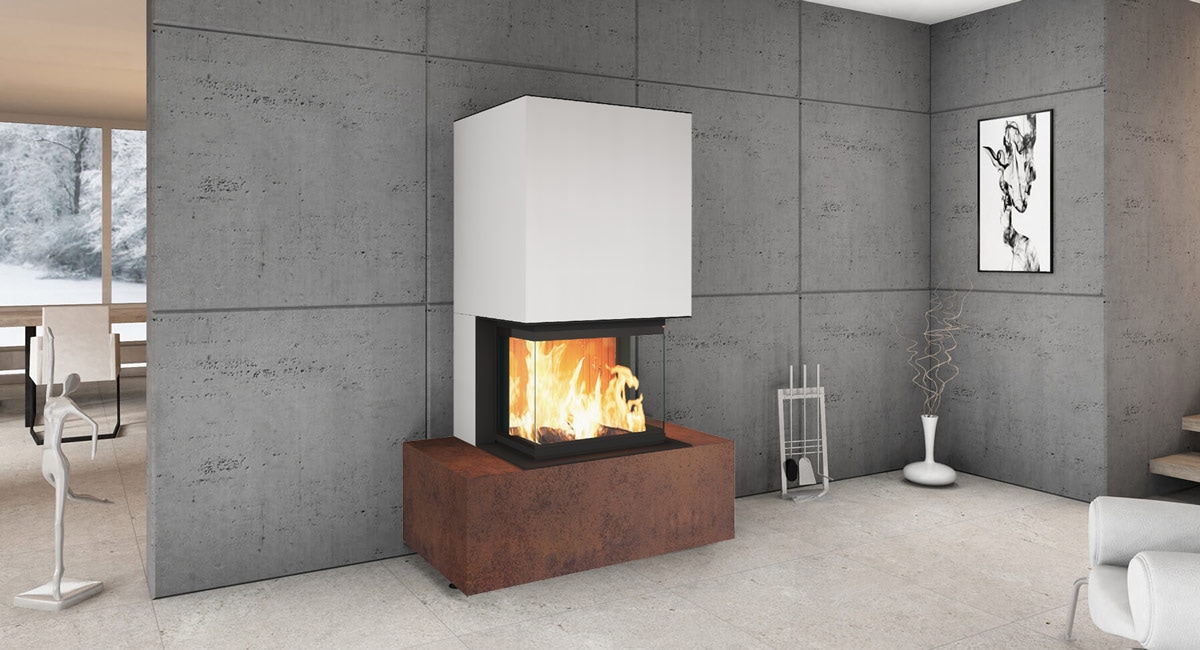 Kaminbausatz Neocube P31 Arctic White | Iron Corten Montagebeispiel Kaminbausatz Neocube P31 Arctic White | Iron Corten Montagebeispiel