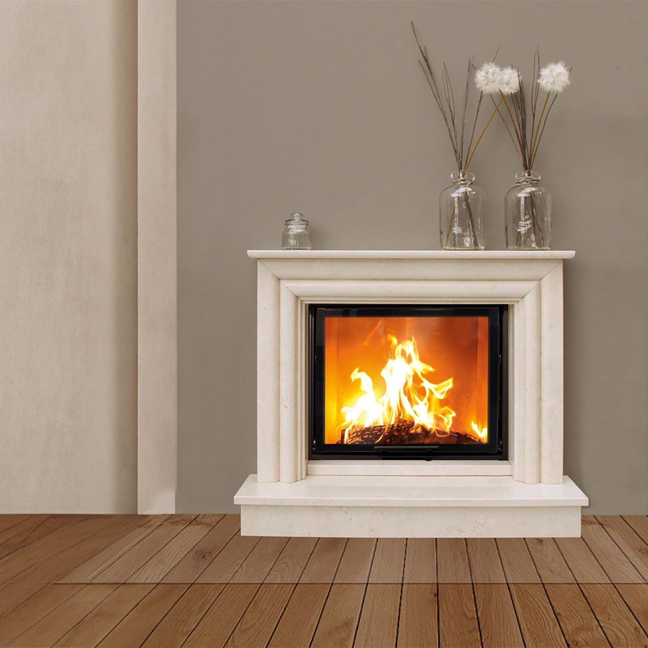 Kaminbausatz Camina N26 mit 9 kW - Naturstein: Travertino Romano - Feuerraumauskleidung: Schamotte weiß
