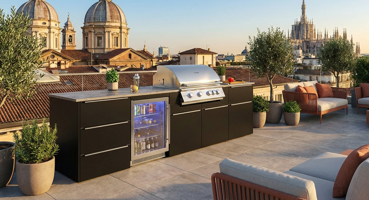 Das Bild dient lediglich der Veranschaulichung und zeigt eine Beispielkonfiguration der vivandio elements Outdoorküche Mailand