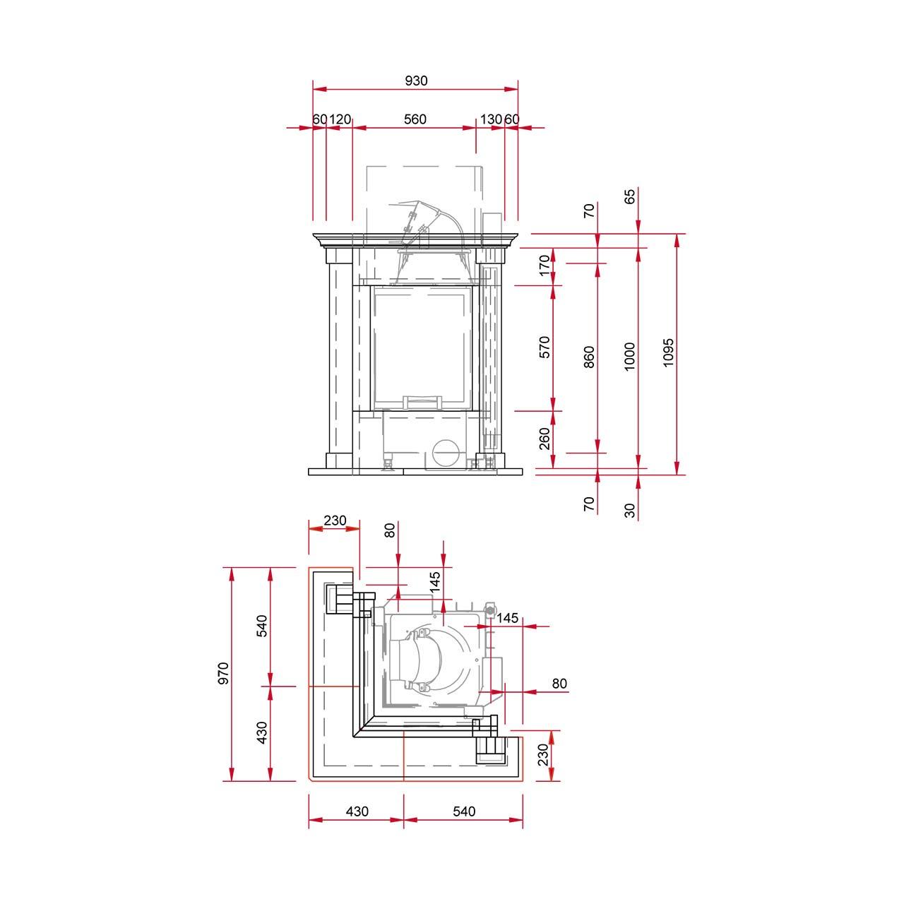 Eck-Kaminbausatz Camina N23 mit 7 kW - Naturstein: Marron Emperador - Feuerraumauskleidung: Schamotte weiß