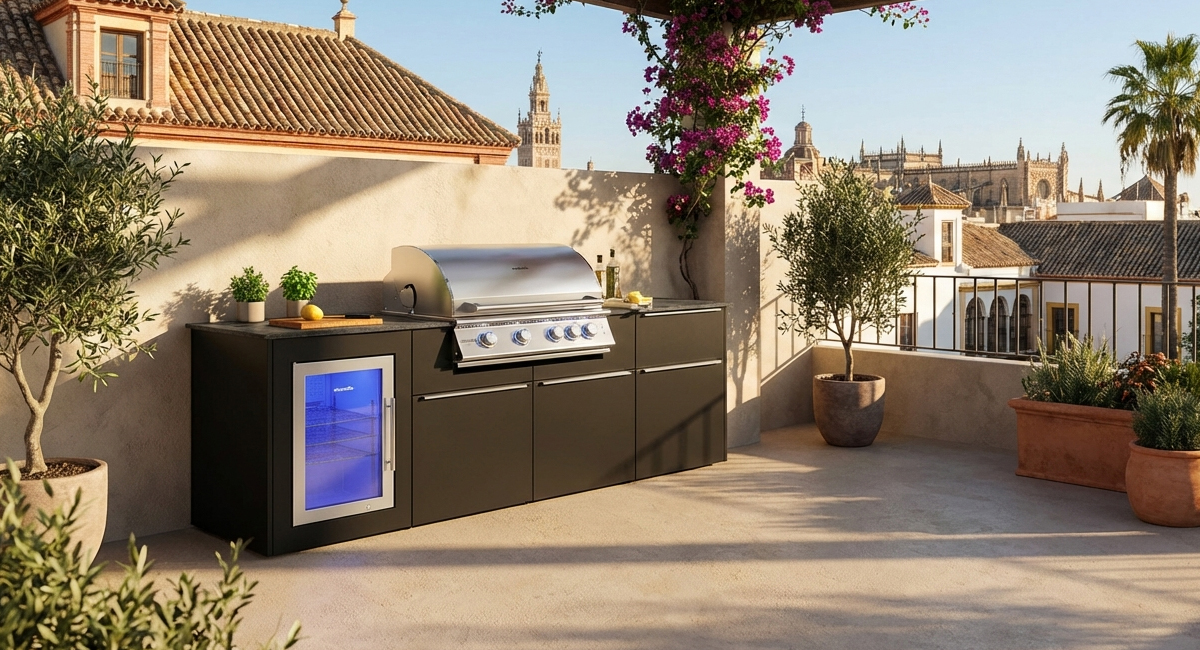 Das Bild dient lediglich der Veranschaulichung und zeigt eine Beispielkonfiguration der vivandio elements Outdoorküche Sevilla - base black