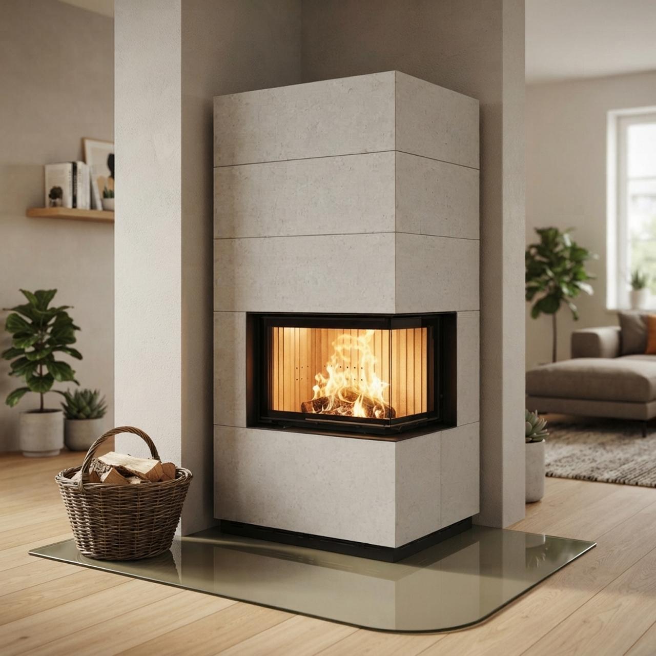 Kaminbausatz Brunner wasserführend BSK 02.1 Kamin-Kessel Eck 45/67/44 rechts, Schiebetür 12 kW